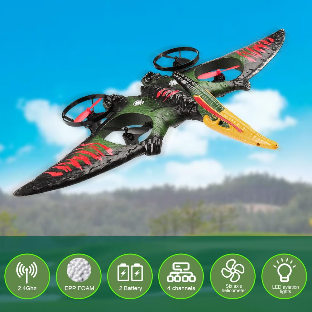 Remote Control Dinosaur Pterosaur RC Plane w/ Headless Mode, Altitude Hold, LED Light, for Kids