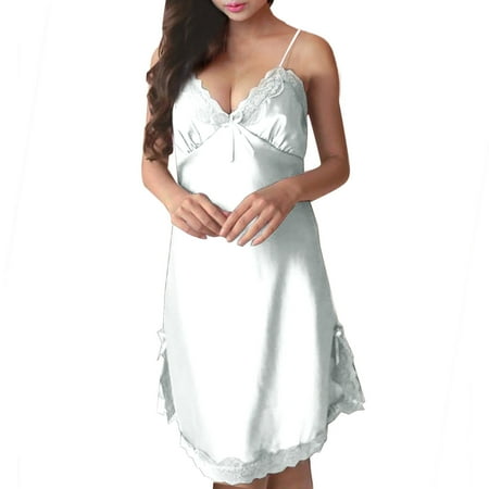YanQiao Women s Pajama Satin Sexy Lace Lingerie Robe Pjs Silk Sleepwear Free Size White