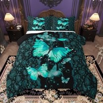 Manfei Dreamy Green Butterfly Queen Comforter Set, Couple Romantic Anniversary Bedding Sets, Tribal Paisley Reversible Bedding Comforter Set, Microfiber Bedroom Decor, 3-Piece