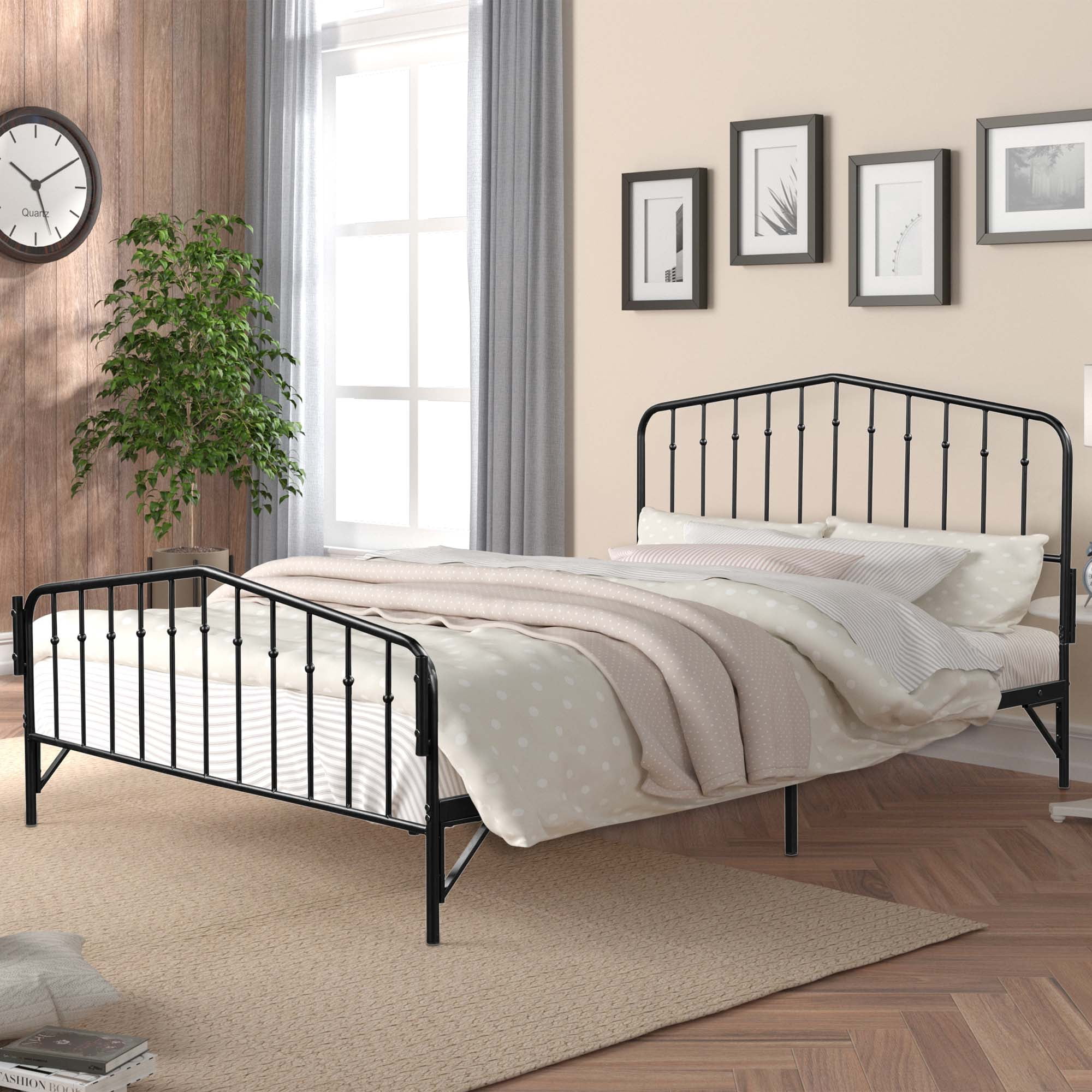 Momspeace Detachable Queen Anti-Noise Metal Canopy Bed, with Footboard for Teens Kids Adult, Black