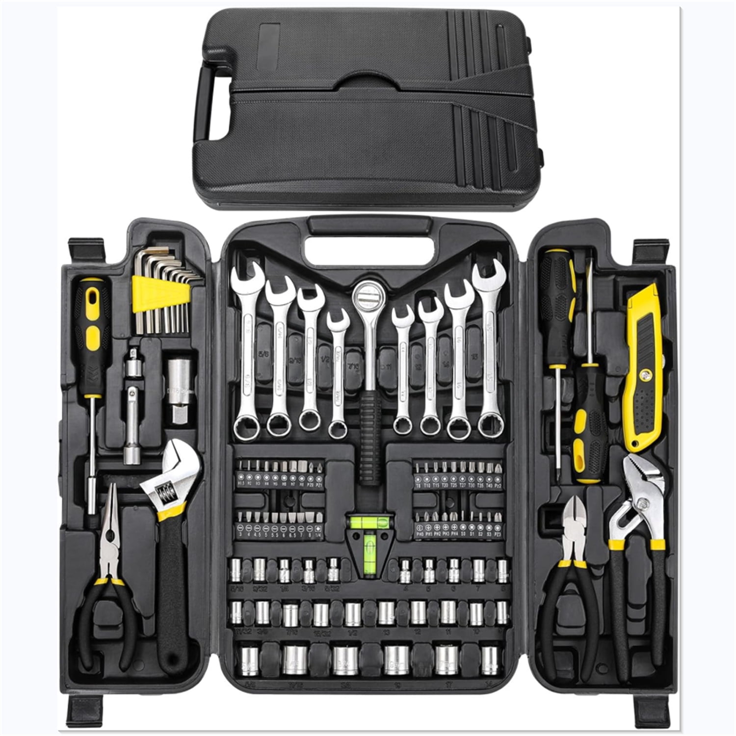 95 Piece Tool Set, Tool Kit, Mechanics Tool Set, Portable Toolbox with Adjustable Wrench Pliers Socket Bits, with Plastic Toolbox Storage Case, for House Apartment Garage (Yellow)