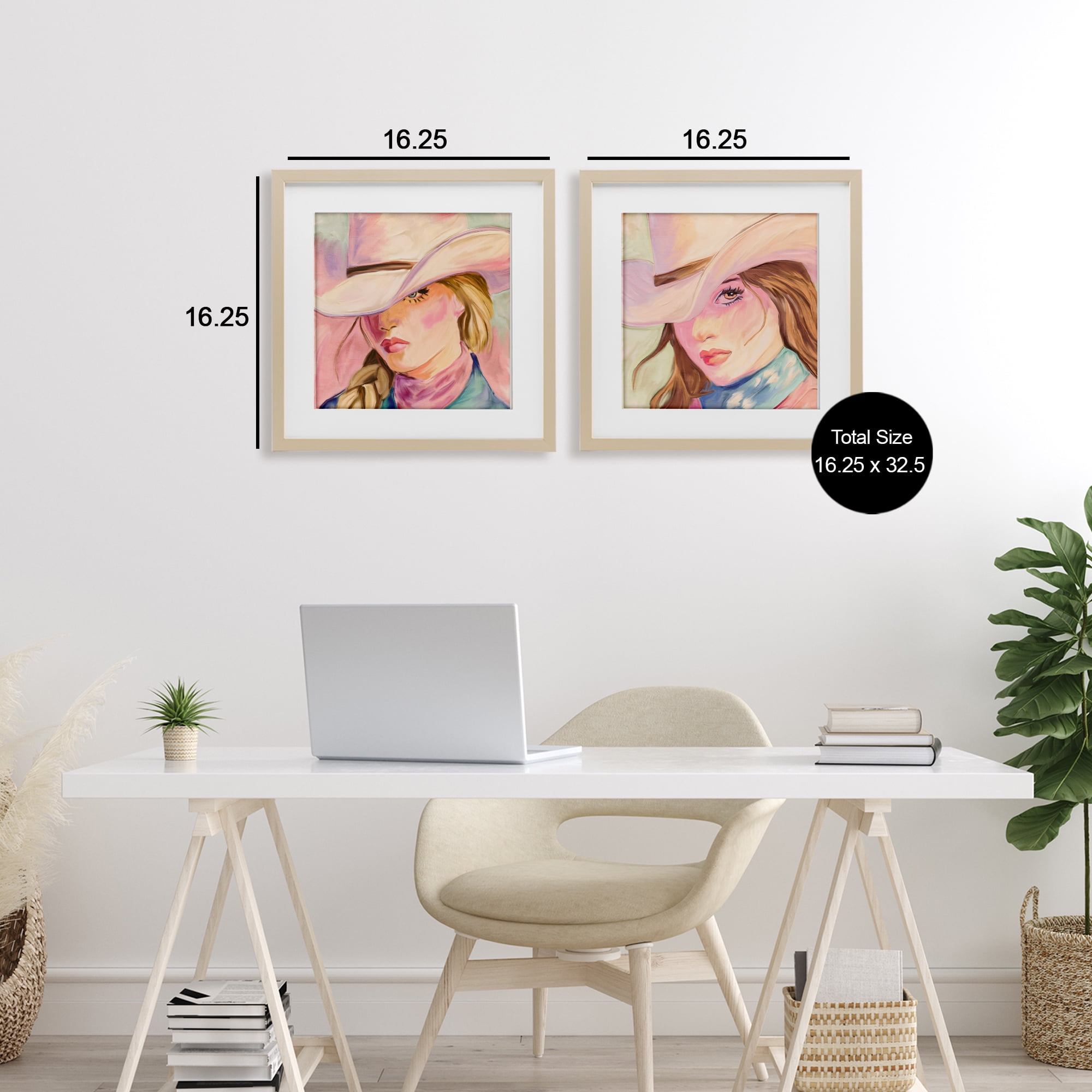 Pastel Cowgirls Gazing 2 Piece Birch Framed Print Under Glass Set, design by Kim Allen