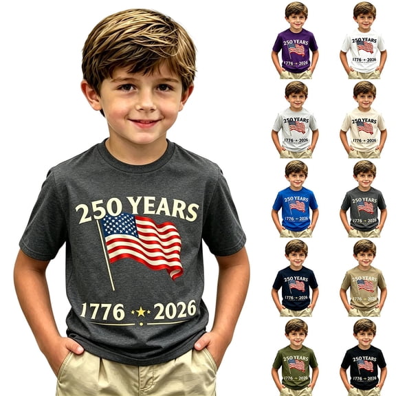 XINPING 250th Anniversary Patriotic T-Shirt for Kids Boys and Girls, 1776-2026 American Flag July 4th Print Crew Neck Short Sleeved Tees Soft Casual Independence Day Summer Top