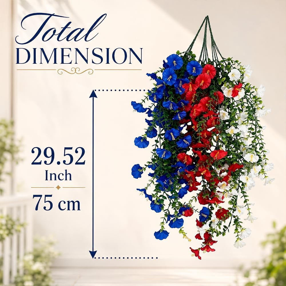 4th Of July Decoration Tricolor Patriotic Artificial Flower - Red White Blue UV Resistant Realistic Artificial Fake Hanging Silk Flowers for Memorial Day Independence Day (2Pcs With Solar LED lights)