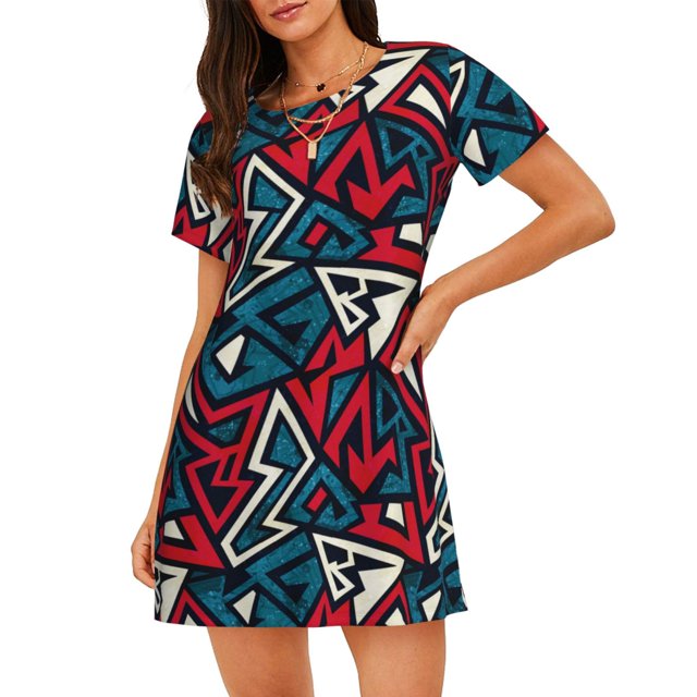 Balery Geometric Elements Camisón de manga corta con cuello redondo para mujer, cómodo y elegante.