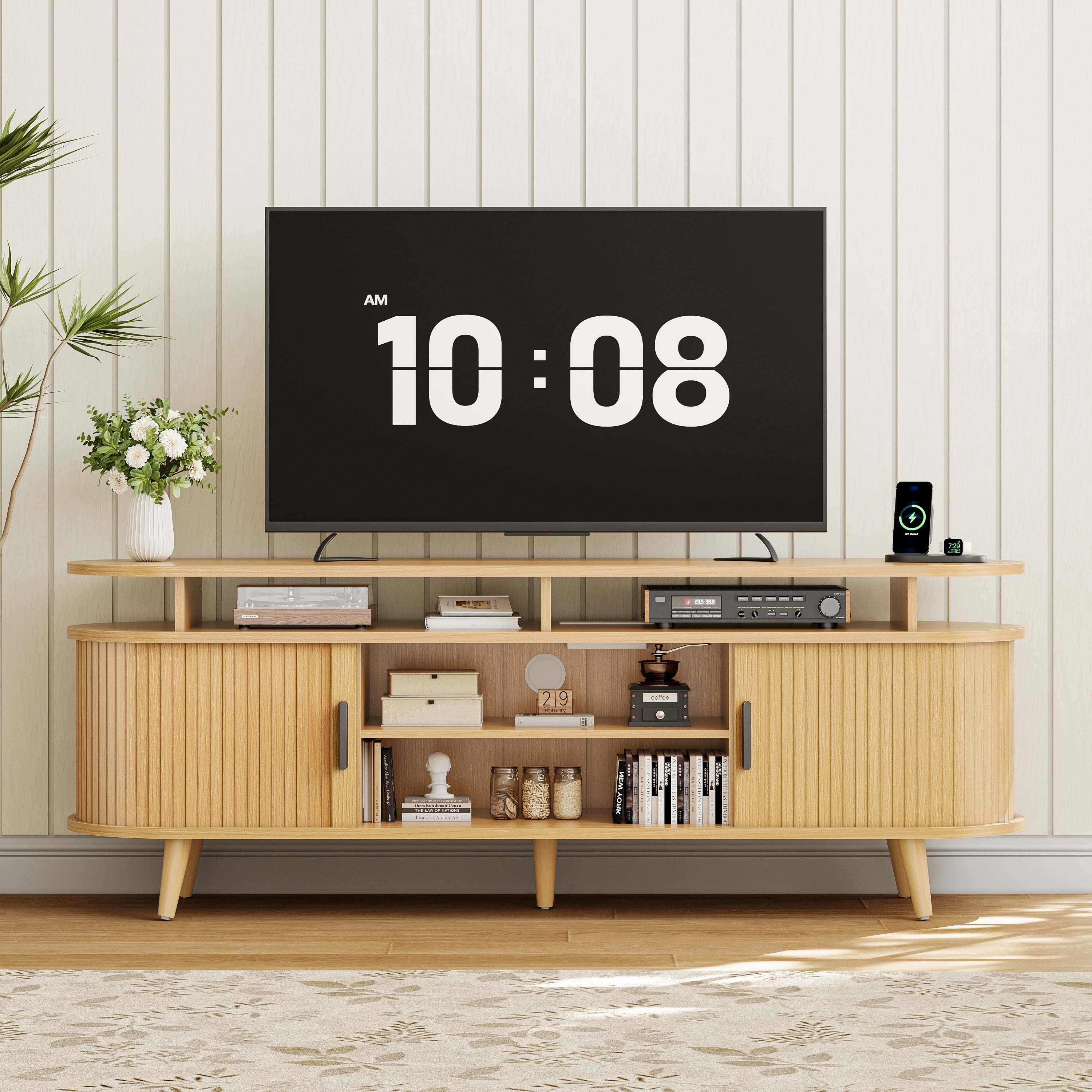 GUNAITO TV Stand for TVs up to 70", Wood TV Stand for Living Room with LED Lights , Entertainment Center with Storage and Shelves, Natural wood