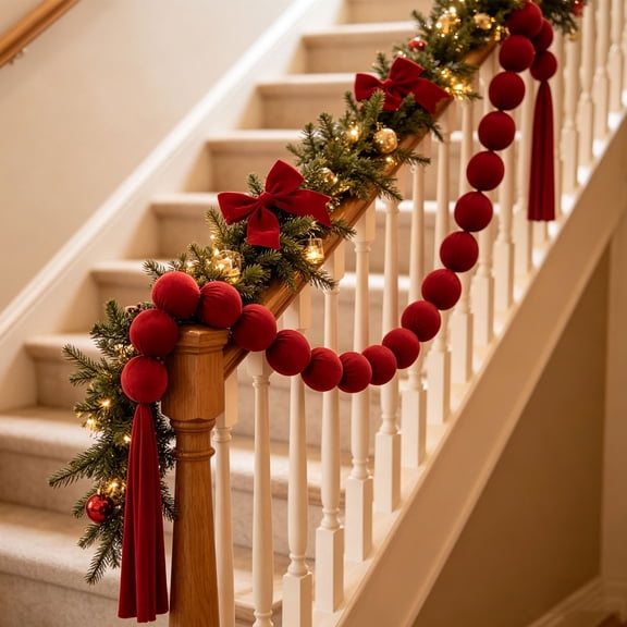 ZENVIVE Flocked Burgundy Christmas Ball Garland String, 78.74In Flocked Shatterproof Holiday Red Ball Garland, Christmas Home Decoration for Xmas Tree Mantel Staircase Party Decor