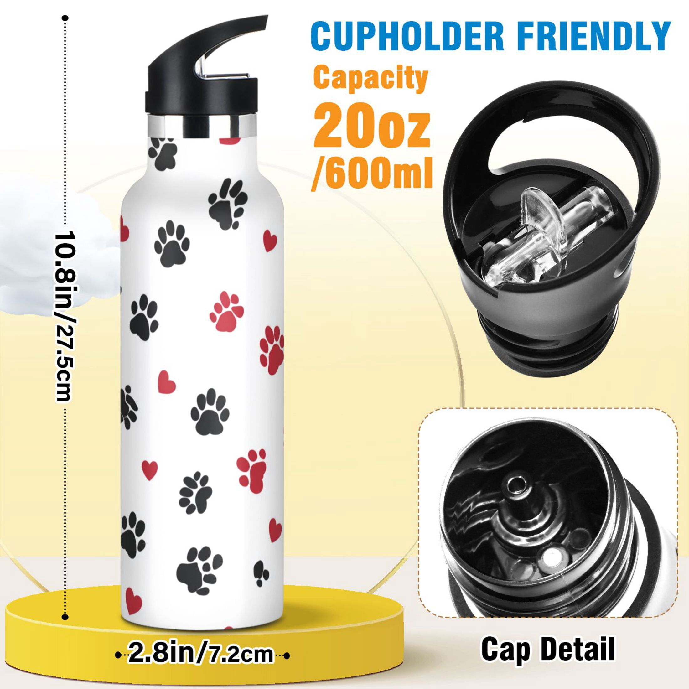 Kids Insulated Stainless Steel Sports Water Bottle 600ml Black Paws and Hearts Pattern