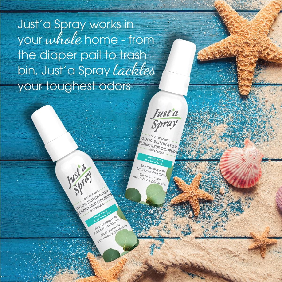 Eliminateur d'odeurs de toilettes Just'a Spray, Brume d'ocean, 55 ml, Vaporisateur avant utilisation de la cuvette, Jusqu'à 100 utilisations Jusqu'à 100 utilisations