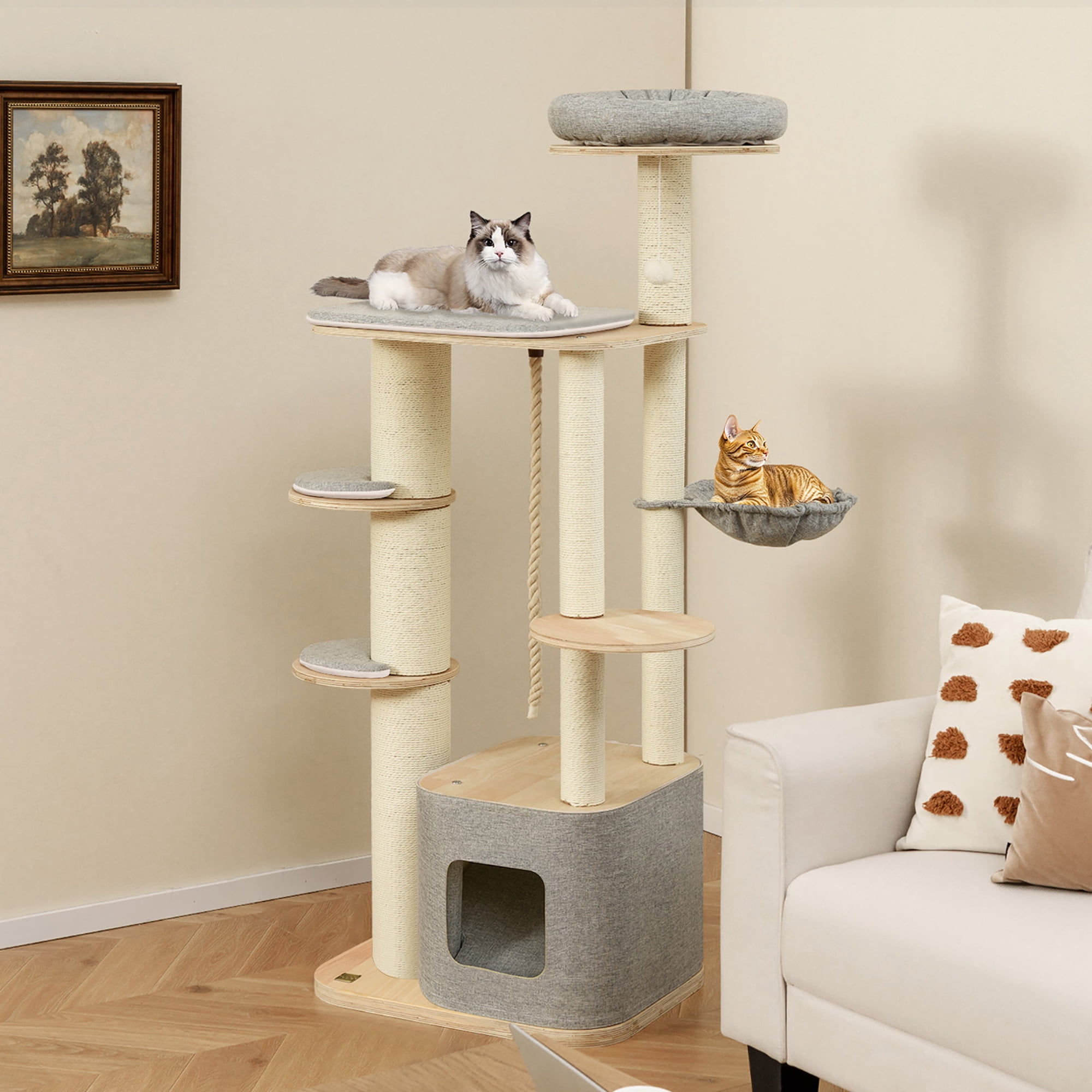 Gymax 63'' Tall Modern Cat Tree w/ Perch Condo Hammock 5.6'' Scratching Posts