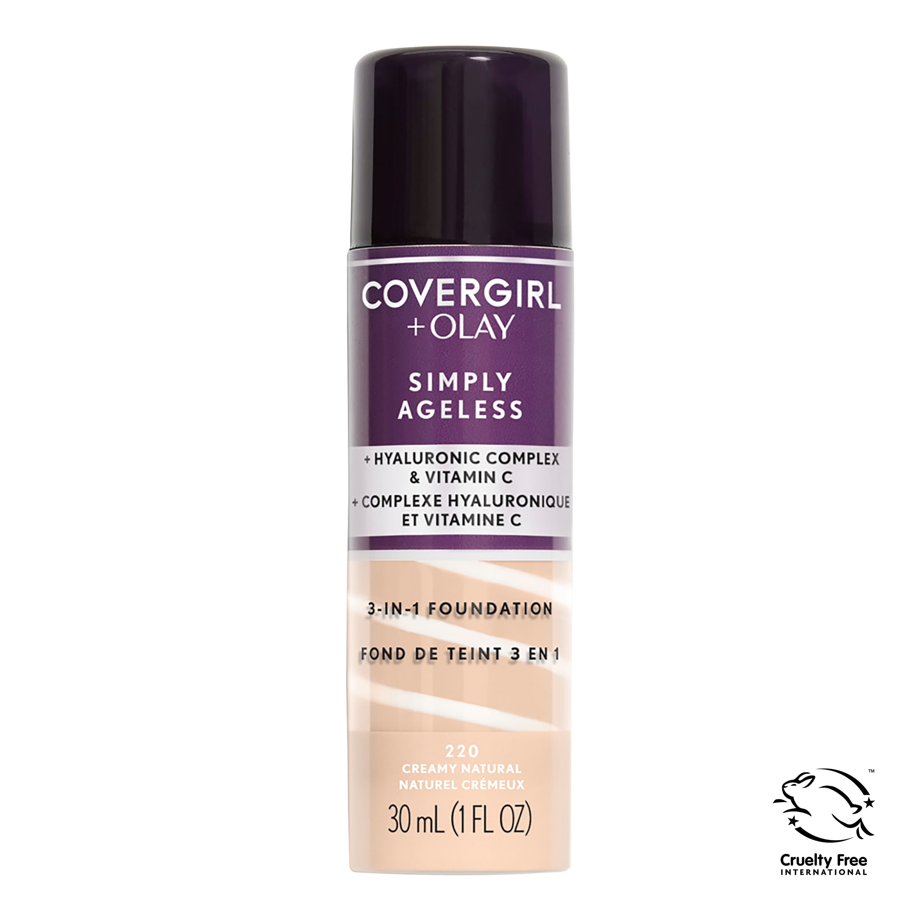 COVERGIRL + OLAY Simply Ageless 3-in-1 Liquid Foundation, 220 Creamy Natural, 1 fl oz, Hydrating Anti-Aging Foundation, Cruelty-Free Foundation, Hyaluronic Complex for Firm Skin