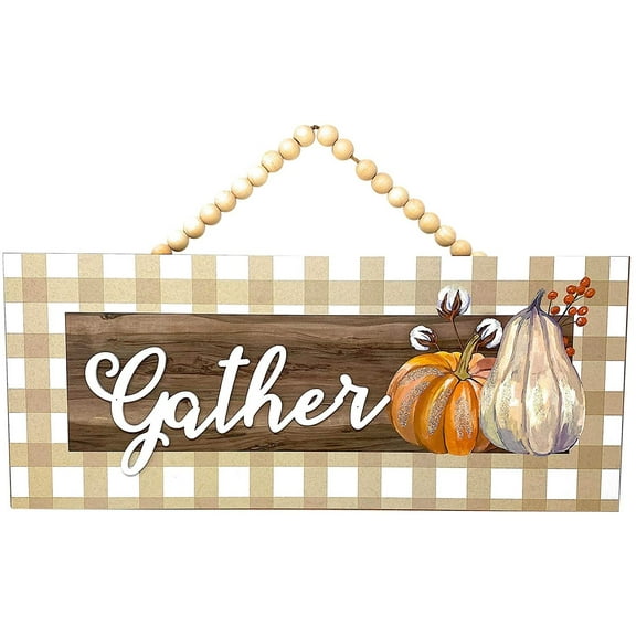 Transpac Fall Autumn Home Wall Door Room Decor Signs Modern Farmhouse White & Taupe W Plaid Design 19" x 8" (Gather W Pumpkins)