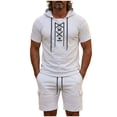 thumbnail image 3 of VBTAPA Mens Beach Outfits 2 Piece Cotton Linen Set Lace Up Short Sleeve Hooded Shirt and Shorts Set Retro Boho Resort Wear White S, 3 of 7