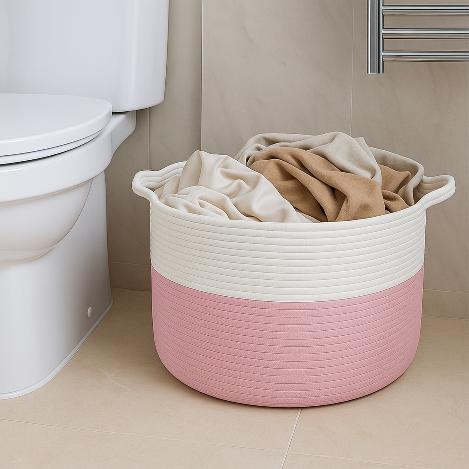 PinkSheep Laundry Basket, 80L Collapsible Woven Cotton Rope Laundry Hamper Storage Baskets with Handles, White Pink