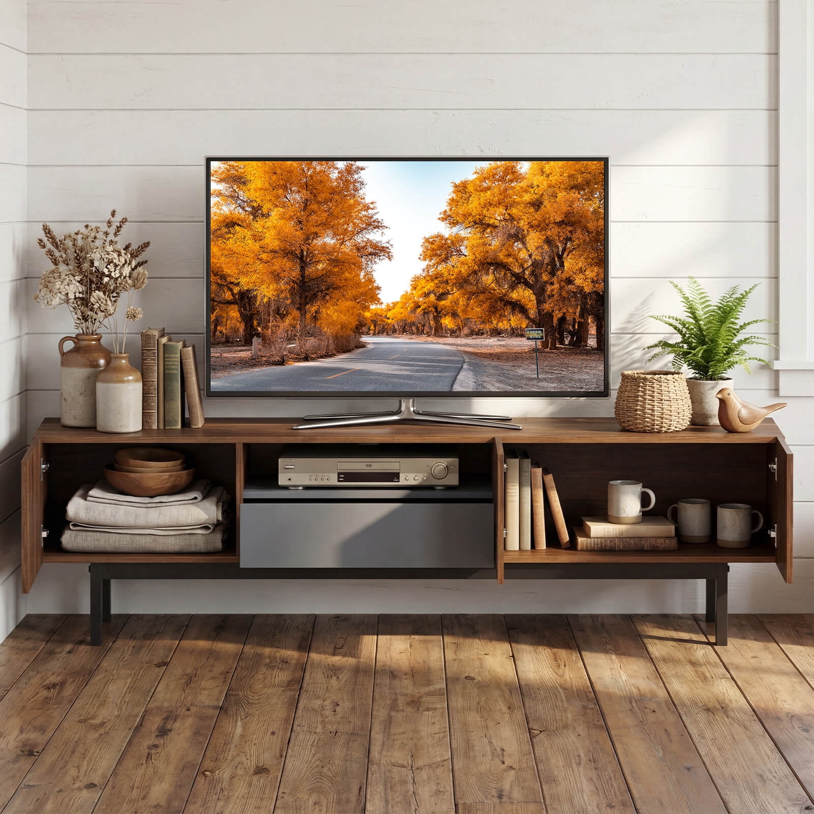Costway TV Stand for TVs up to 80” with Drawer Cable Hole Metal Legs Entertainment Center