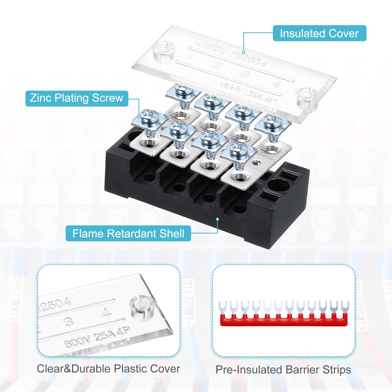 Uxcell 6Pcs Dual Row Terminal Block, 600V 15A 12 Positions Screw Terminal Block with 6PCS Pre-Insulated Barrier Strips for Power System, Home Appliances