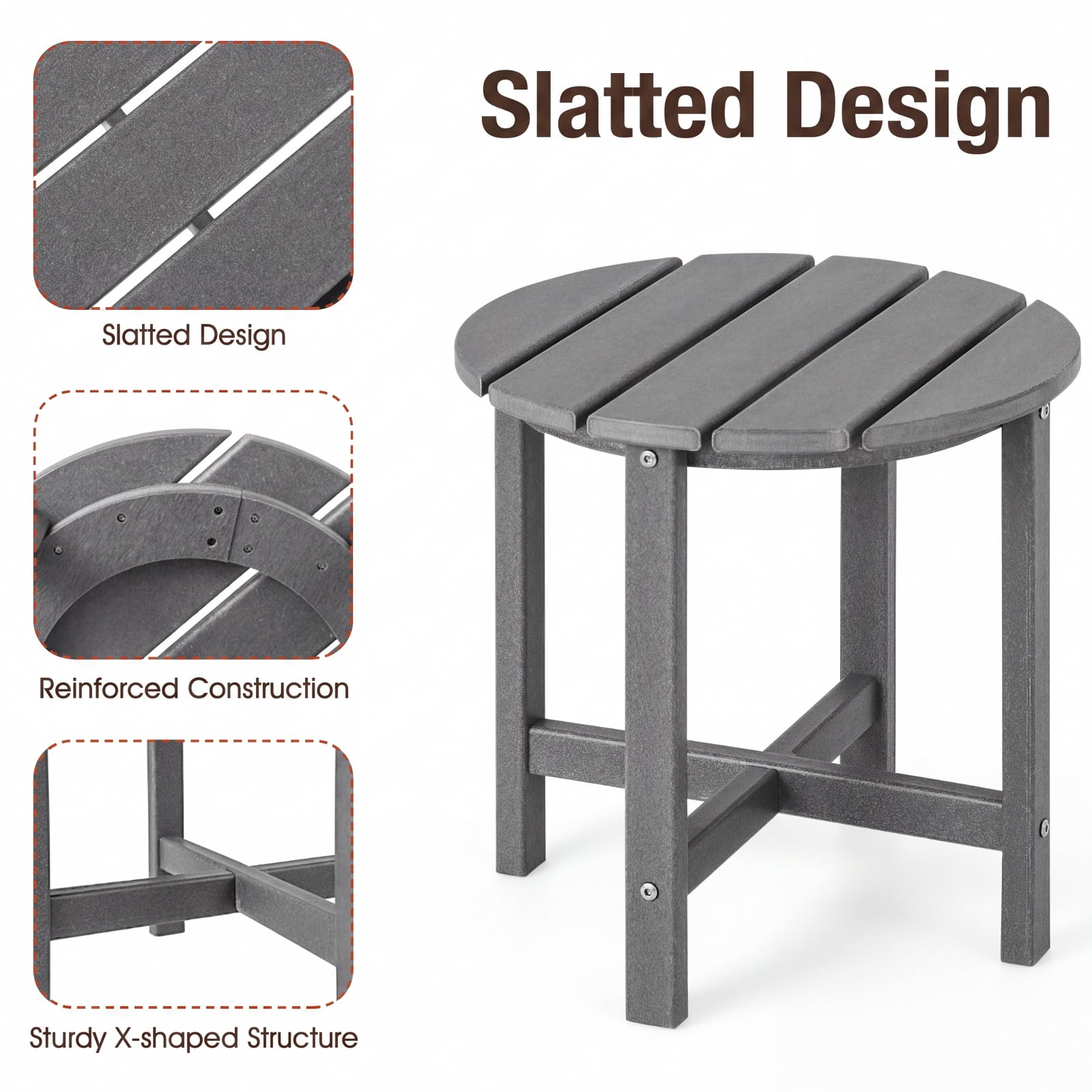 Furnibear Set of 2 18 Inch Round Weather Resistant Adirondack Side Tables with Slatted Top and HDPE Build for Patio Poolside and Garden, Gray