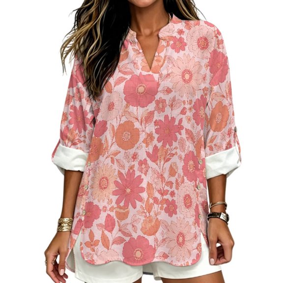 FKELYI Tropical Flower Print Faux Linen Shirts for Women Blouse Relaxed Fit Beach Vacation Outfits with Side Slit Hem Design Casual Tees for Ladies, L