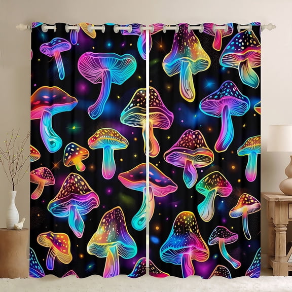 Feelyou Mystic Jungle Mushroon Black Out Curtains for Child, Neon Plant Botanical Curtains Pack of 2 (42x63 Each), Glitter Stars Print Bedroom Curtains, Curtains and Drapes Home Decor