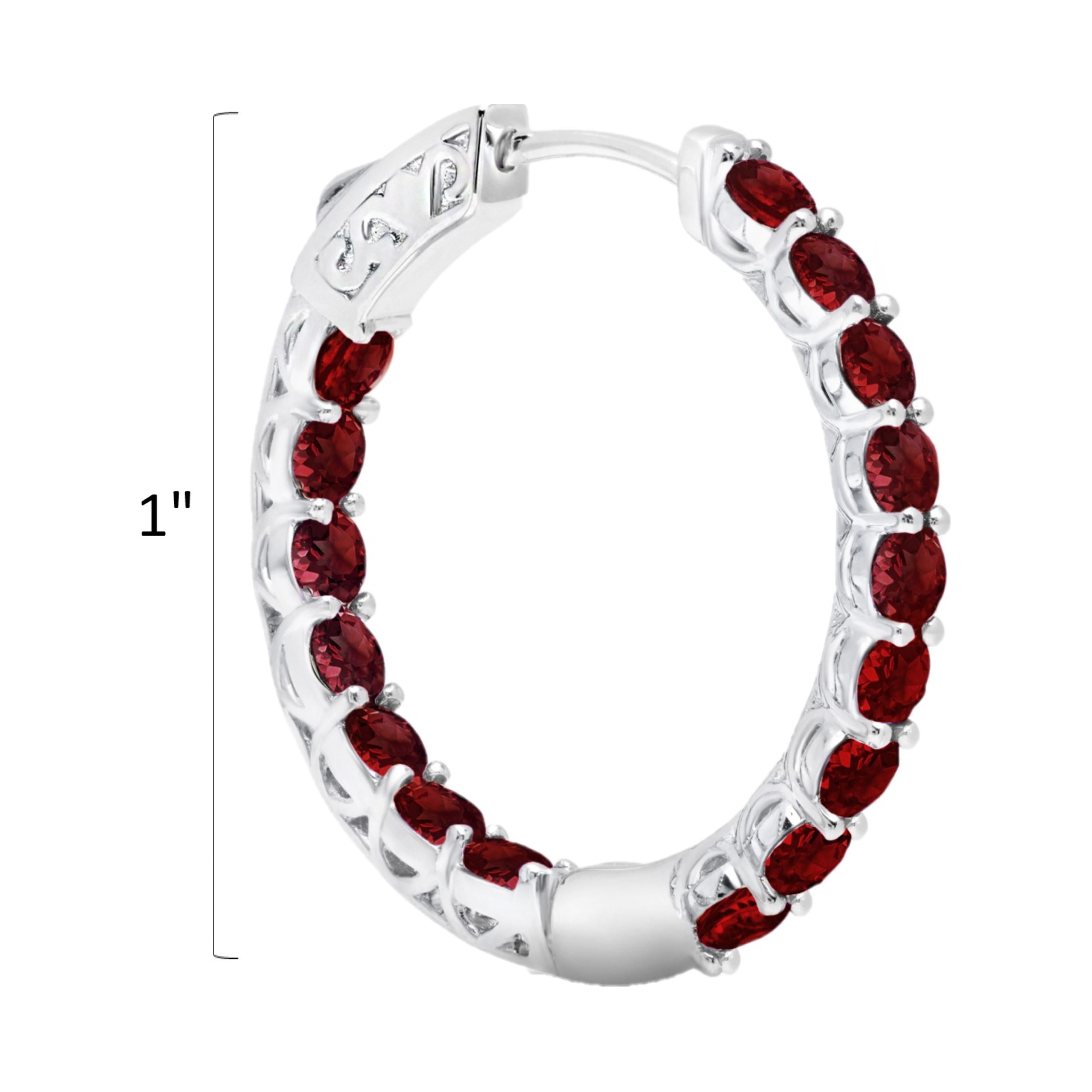 Red Garnet Inside Out Hoop Earrings for Women in 925 Sterling Silver 1 Inch Diameter and 3mm January Birthstone with Notched Post with Lock by MAX + STONE