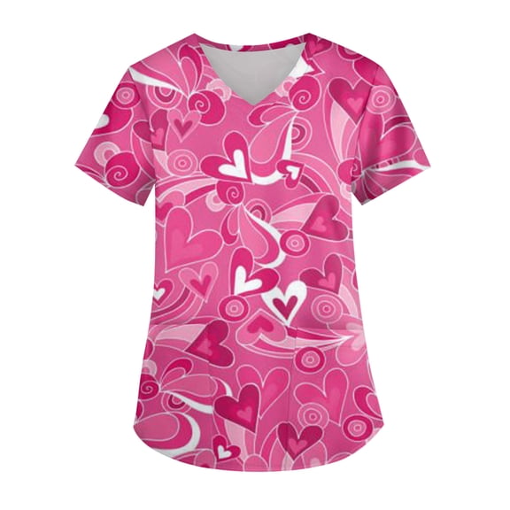 Hearthz Plus Size Valentine Scrubs Love Heart Print V Neck Short Sleeve Nursing Work Uniforms Stretch Women Workwear with Pockets S-5xl
