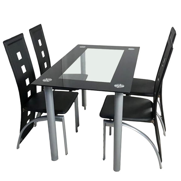 YONGKANG 5 Piece Black Dining Table Set For 4 Tempered Glass Tabletop 4 PU Leather Chairs Silver Steel Legs