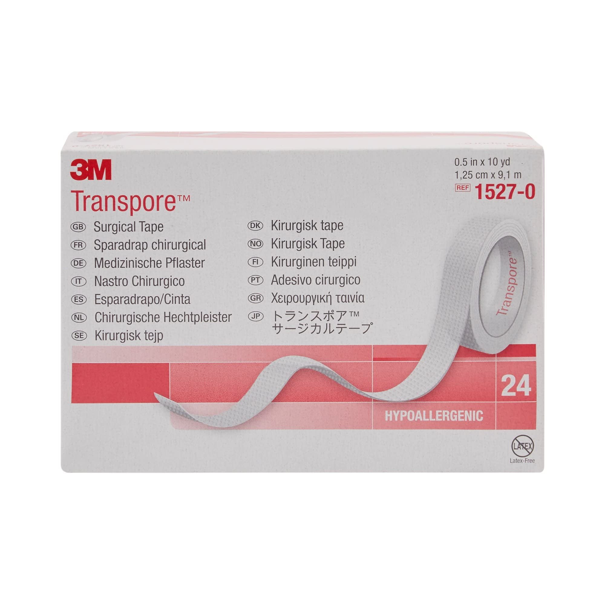 Part#3M-1527-0 3M Transpore Medical/Surgical Tape 1/2 Inch x 10 Yards (1.25 cm x 9.14 m) Clear, Porous, Plastic, Hypoallergenic, Water-Resistant - 1/Box of 24 Rolls