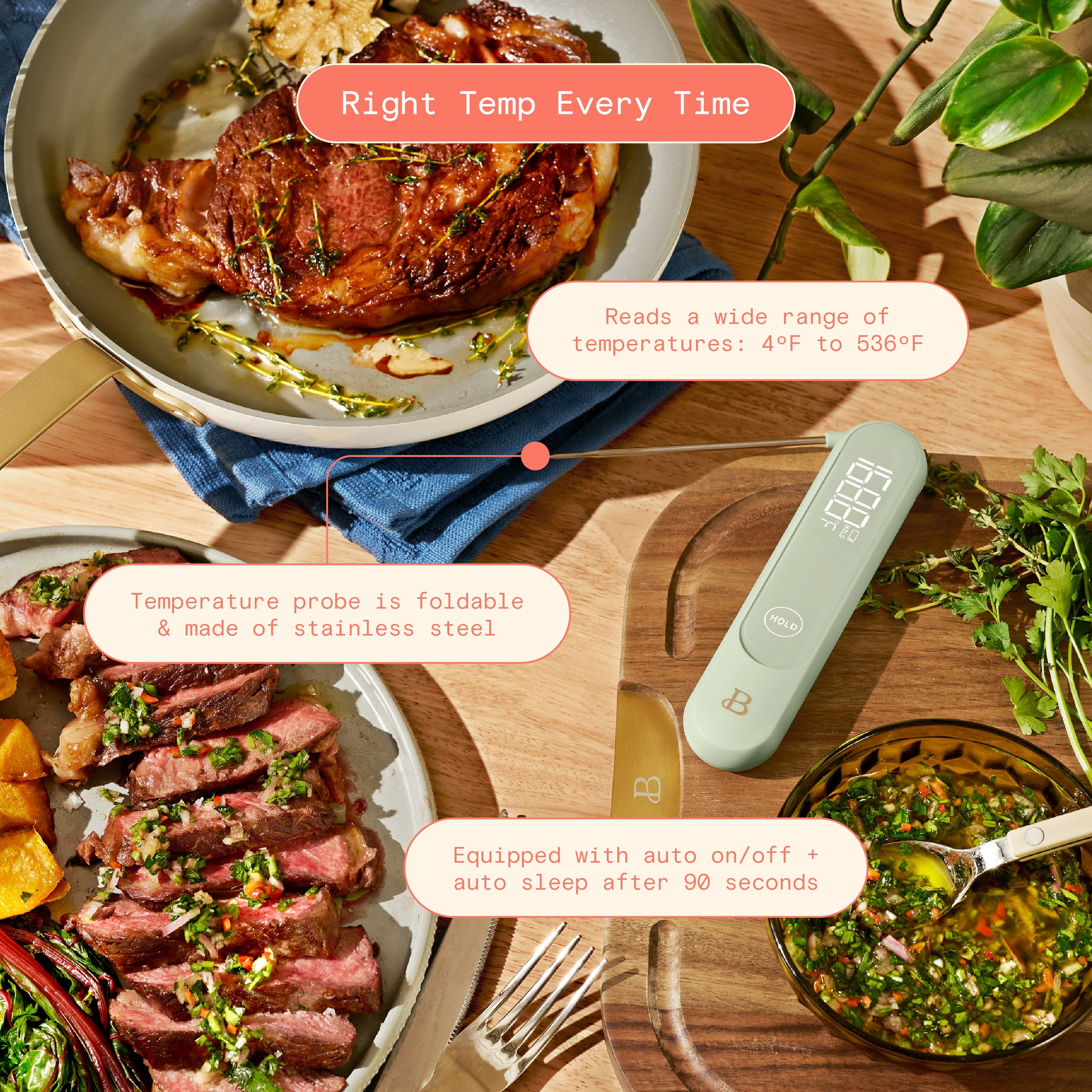 Beautiful Digital Instant-Read Meat Thermometer, Sage Green by