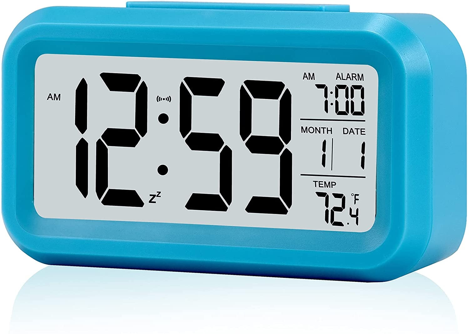 Digital alarm clock, battery powered, with smart night light, date