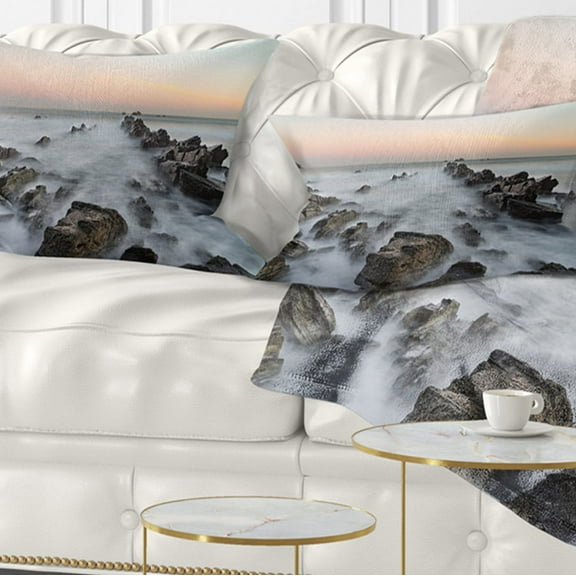 Designart Rocky Beach with White Waters - Modern Seashore Throw Pillow - 12x20