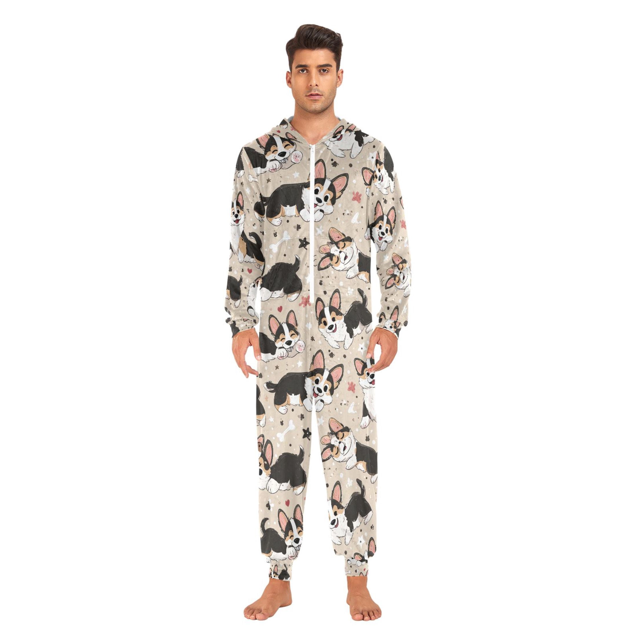Adult Christmas Onesie Corgi Adult Zipper One-Piece Pajamas Unisex Pajamas with Pockets
