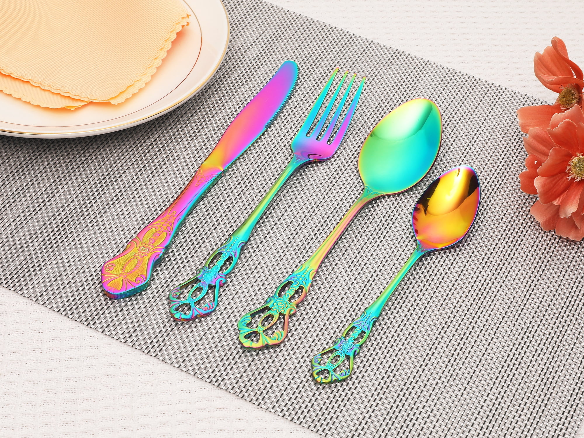 Unique Bargains 24 Pcs Silverware Set Stainless Steel Floral Flatware Set Colorful