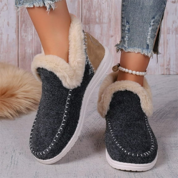 XIMIN Women's Thick Sole Flat Fluffy Faux Fur Lining Anti-Slip Slip on Loafer Snow Boots Winter Warm Casual Outdoor Activities Plush Short Booties