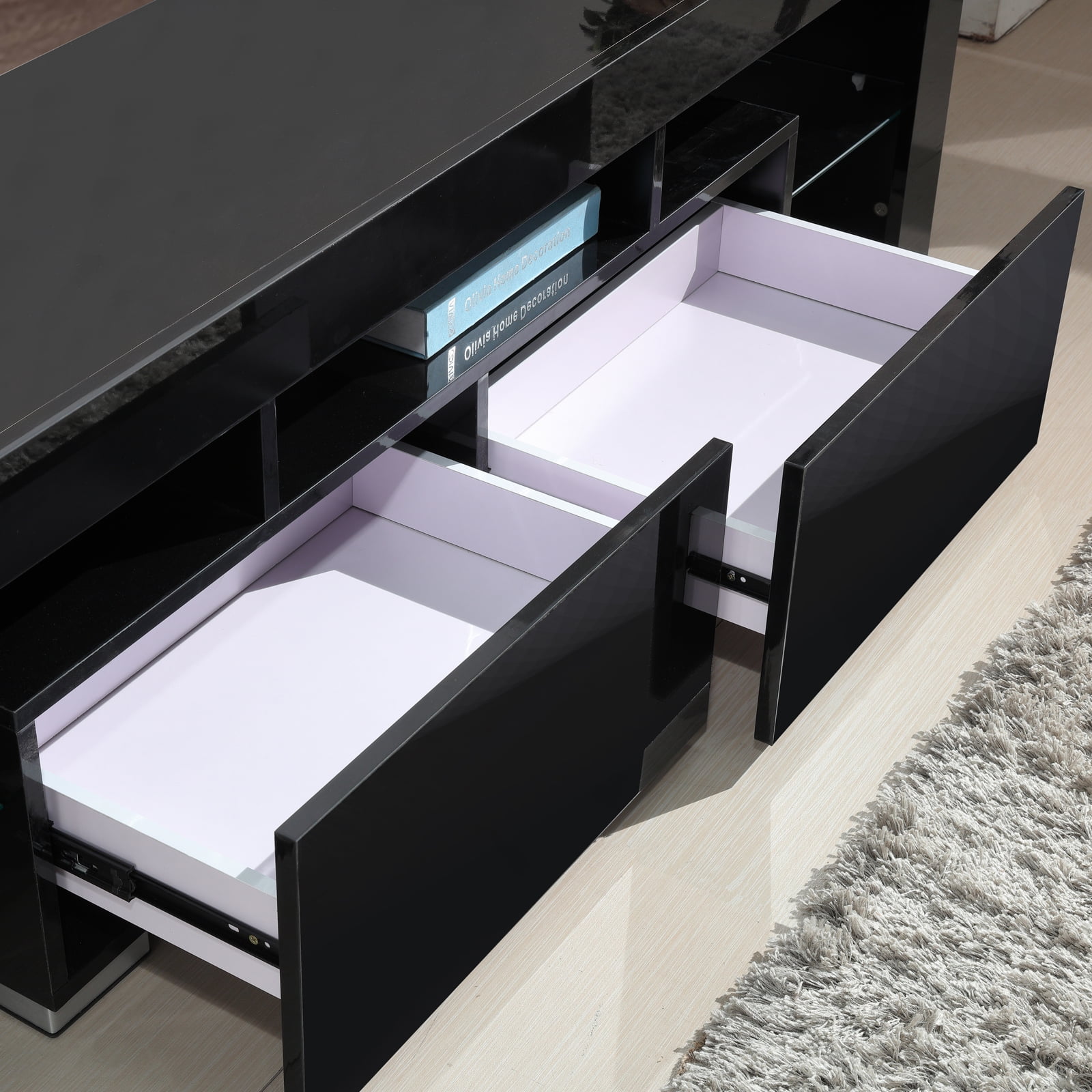 Mecor Tv Stand Media Console Cabinet With 2 Drawers Led Shelves For Living Room Storage High Gloss Black Up To 63 Inch Screens