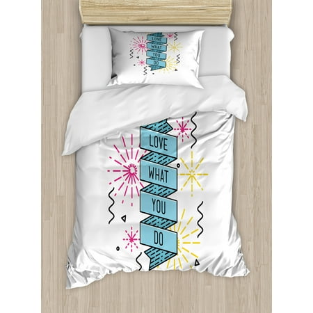 What Comes In A Duvet Set Love What You Do Duvet Cover Set, Motivational Arrangement with Dashed Starburst Effect, Decorative Bedding Set with Pillow Shams, Magenta Blue Yellow and Black, by Ambesonne ()