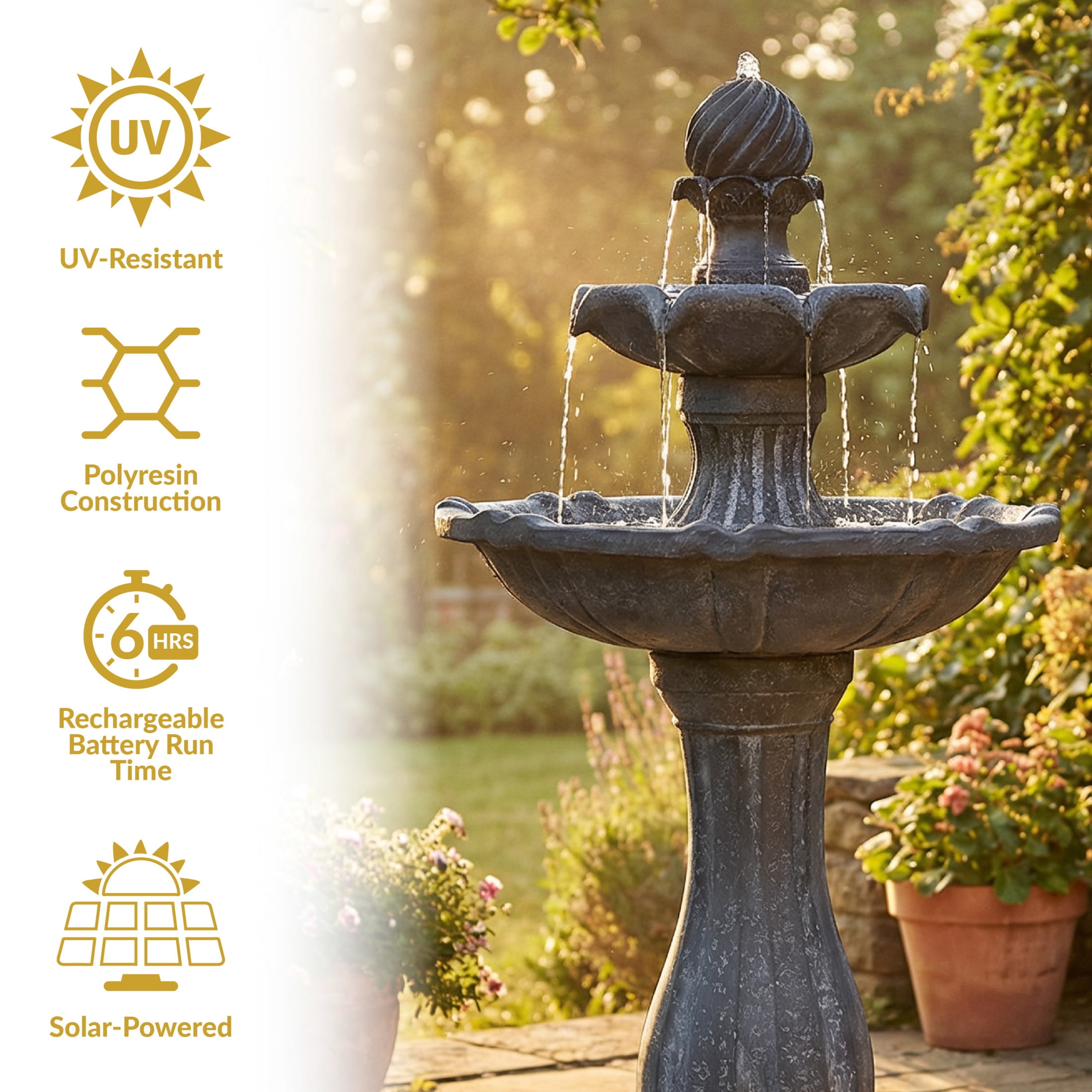 Sunnydaze Arcade Black Polyresin 2-Tier Solar Fountain with Battery