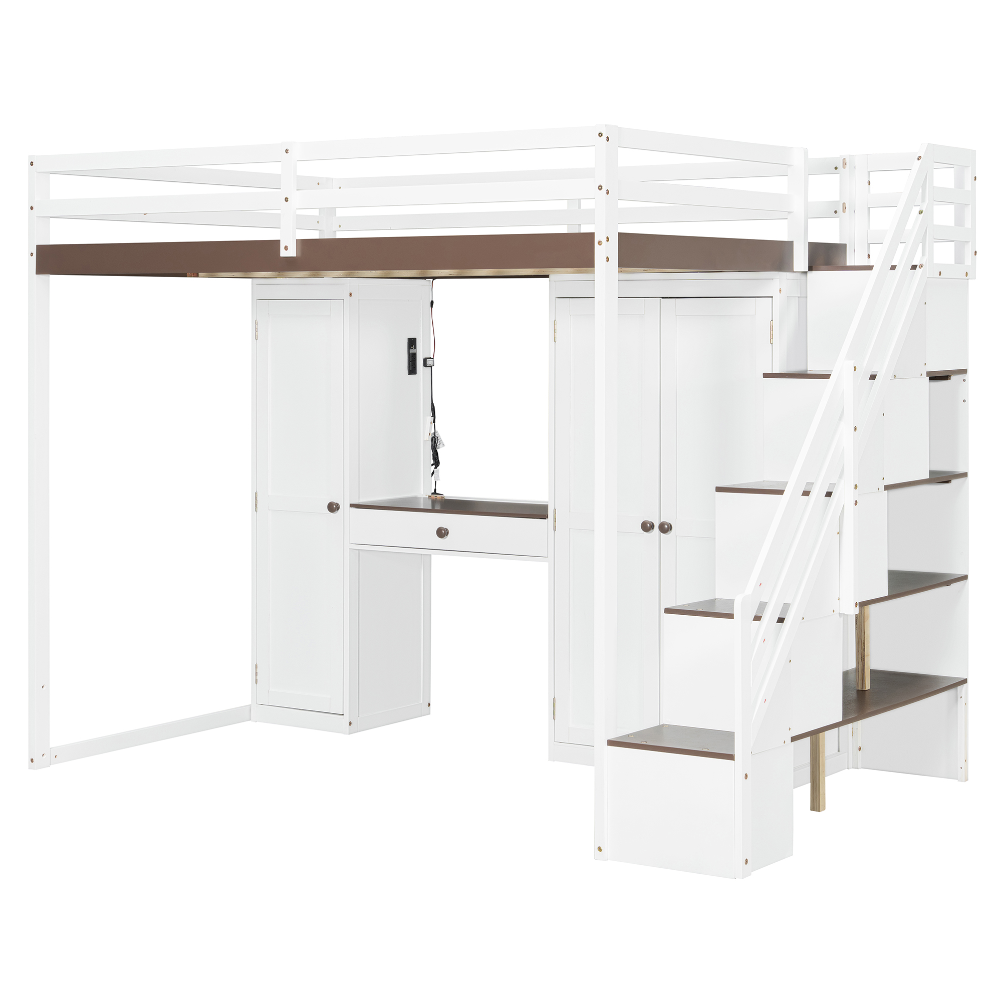 Mintazer Full Size Princess Loft Bed Built-in Dressing Table with Vanity Mirror, Wardrobe, Storage Staircase, Drawer, LED Lights & Charging Station for Girls, White & Brown