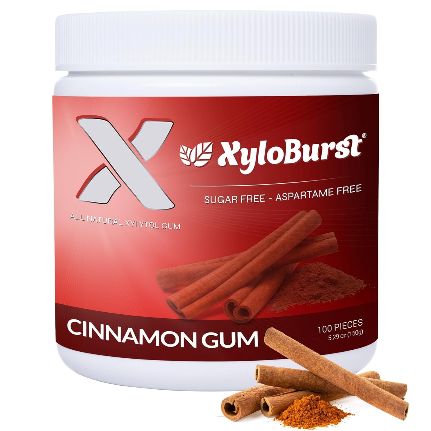 XyloBurst Gum | Xylitol Chewing Gum | Sugar Free Gluten-Free Keto Friendly | Aspartame Free Gum For Oral Health | Cinnamon | 100-Count Jar