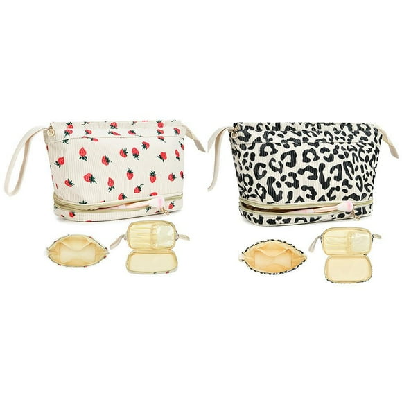 Leopard Print Makeup Bag Large Capacity Double Layer Multiple Pockets Corduroy Makeup Bag, Strawberry Makeup Bag Travel Toiletry Bag Organizer