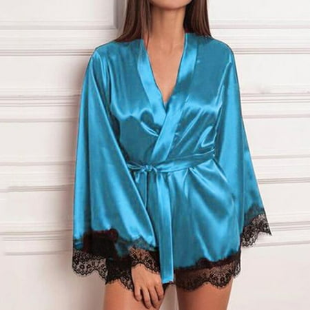 BYHONG Women Satin Nightdress Silk Lace Lingerie Nightgown Sleepwear Robe Underwear Green S