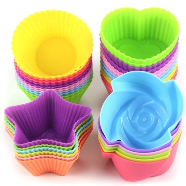Tazas de silicona reutilizables para hornear, tazas para hornear muffins, revestimientos para pasteles de taza, 4 formas, paquete de 24 Jormftte HQ-122