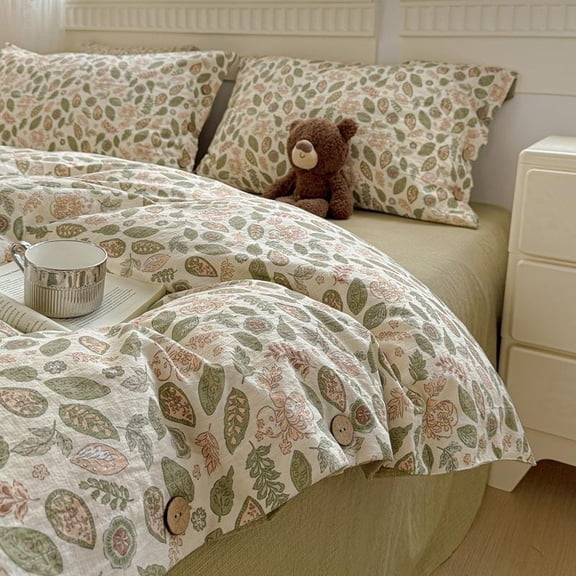 Vintage Floral Bedding Set 4 Piece, Botanical Duvet Cover with Flat Sheet & Pillowcases