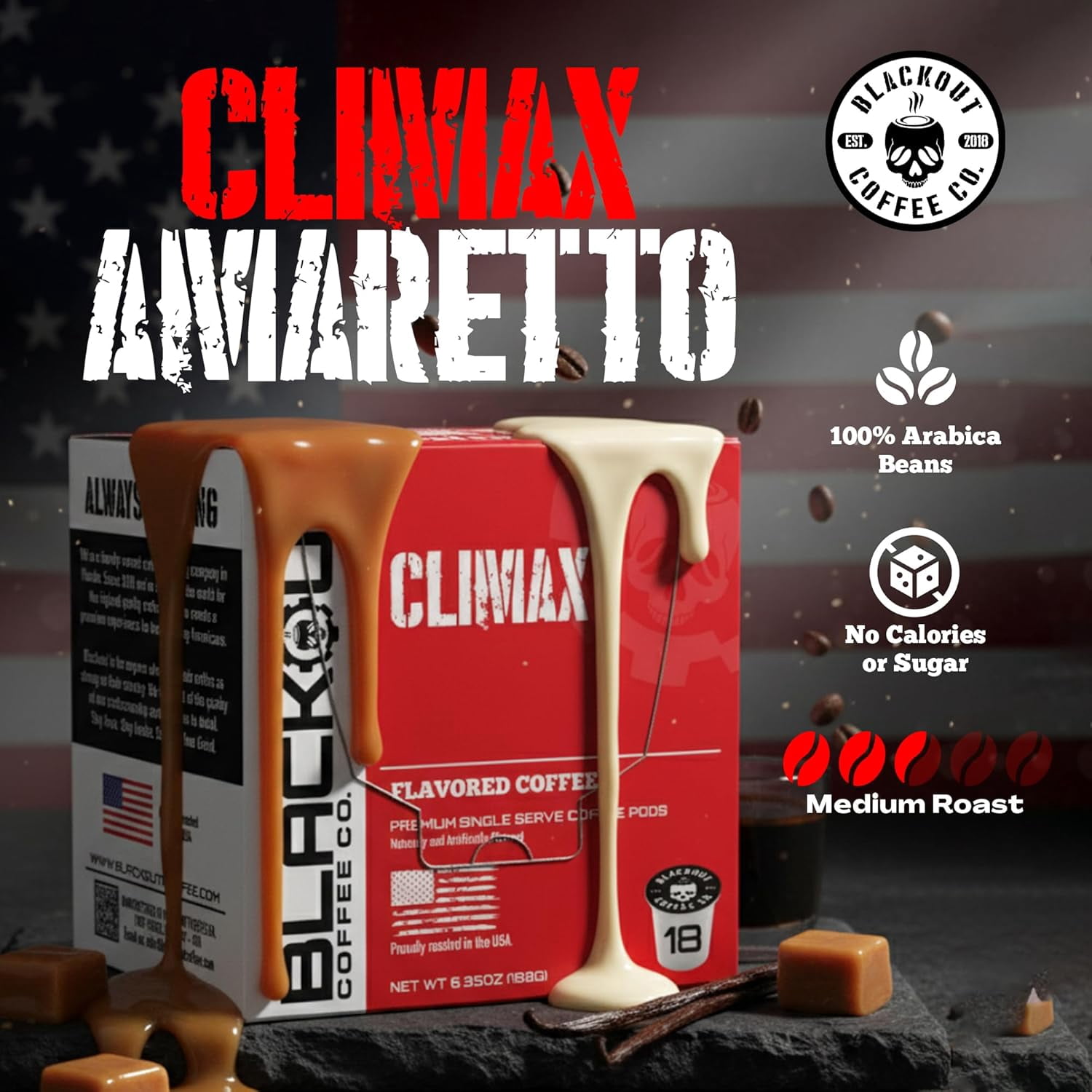Blackout Coffee CLIMAX Amaretto, Irish Cream & Kahlua Flavored Coffee Pods – Premium Arabica, Smooth Taste, Guilt-Free Indulgence – 18 Count Single Serve Coffee pods