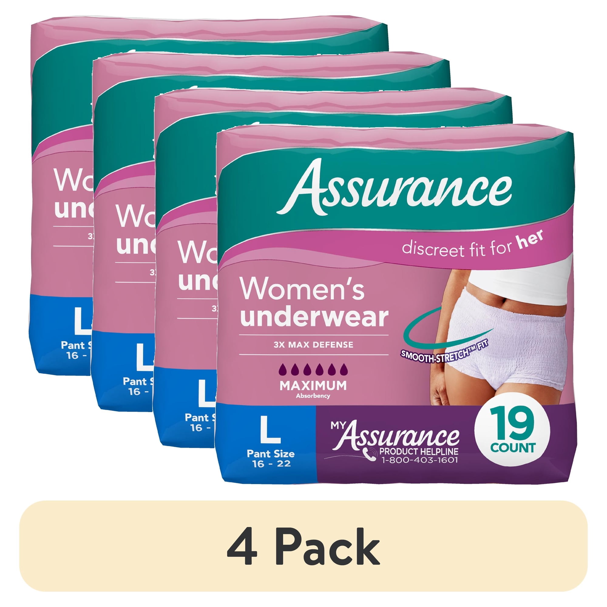 (4 pack) Assurance Women's Incontinence and Postpartum Underwear, L, Maximum Absorbency, 19 Count