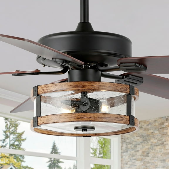 JONATHAN Y Lucas 52" 2-Light Rustic Industrial Iron/Wood/Seeded Glass Mobile-App/Remote-Controlled LED Ceiling Fan, Black by JONATHAN  Y