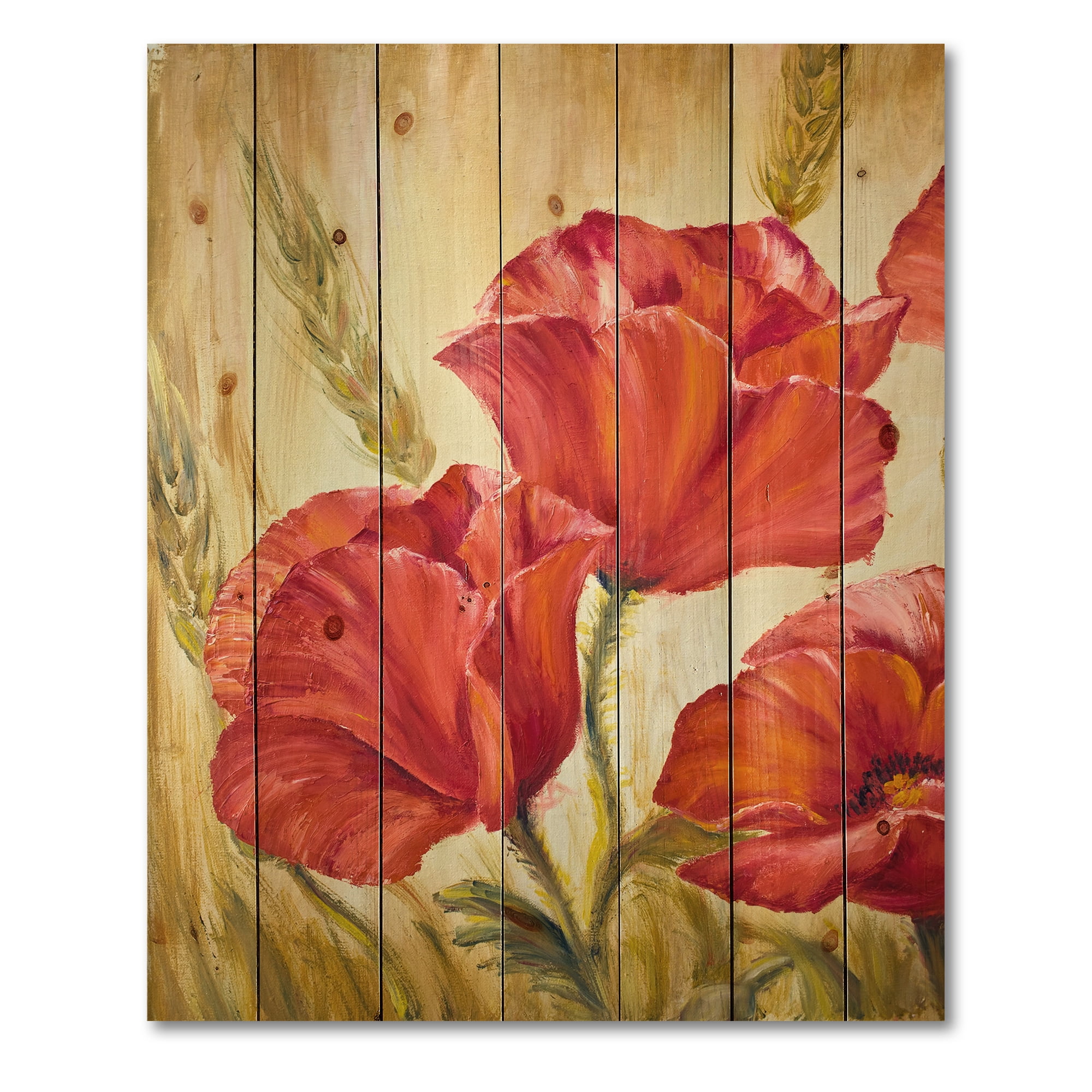 Designart 'Blossoming Red Poppies In Wheat Fields II' Traditional Print on Natural Pine Wood