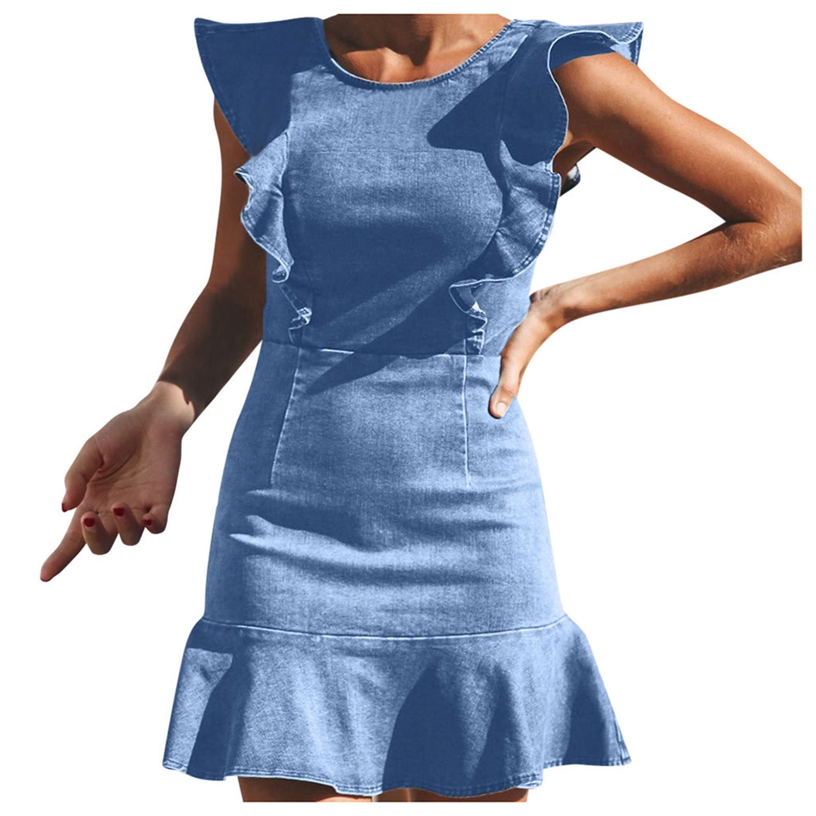 Womens Winter Fall Peplum Dress Denim 