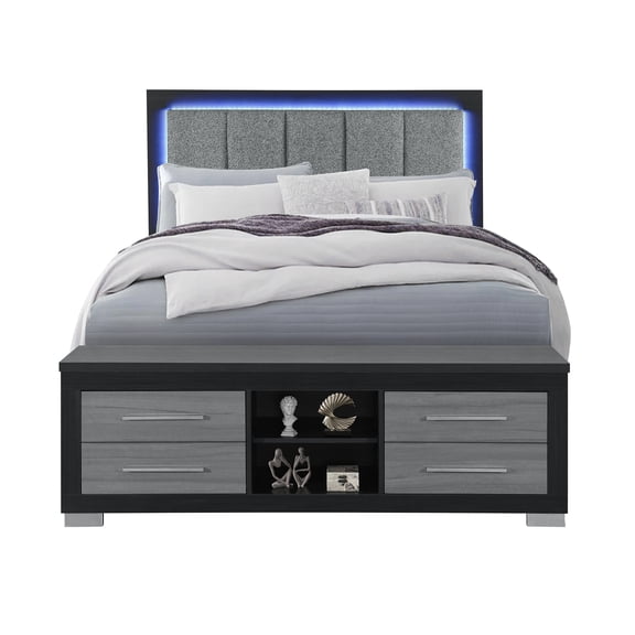 Emma Black-Gray Wood Queen Bed with LED and USB