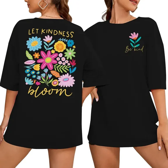 Women's Let Kindness Bloom Floral Graphic T-Shirt, Inspirational Be Kind Short Sleeve Black Tee