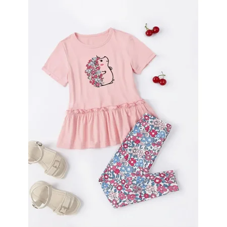 

GEDER-F Girls Casual Cartoon Hedgehog Print Ruffled Top & Flower Print Pants Set For Summer